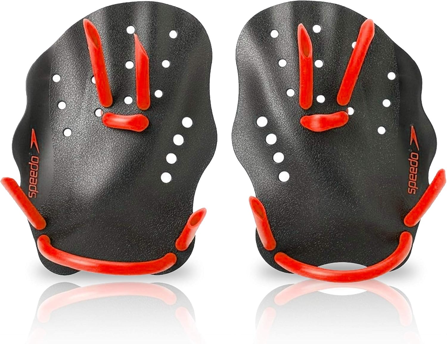 Speedo hand paddles for swimming faster in red and black on a white background