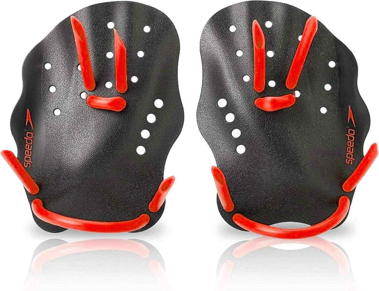 Speedo hand paddles for swimming faster in red and black on a white background