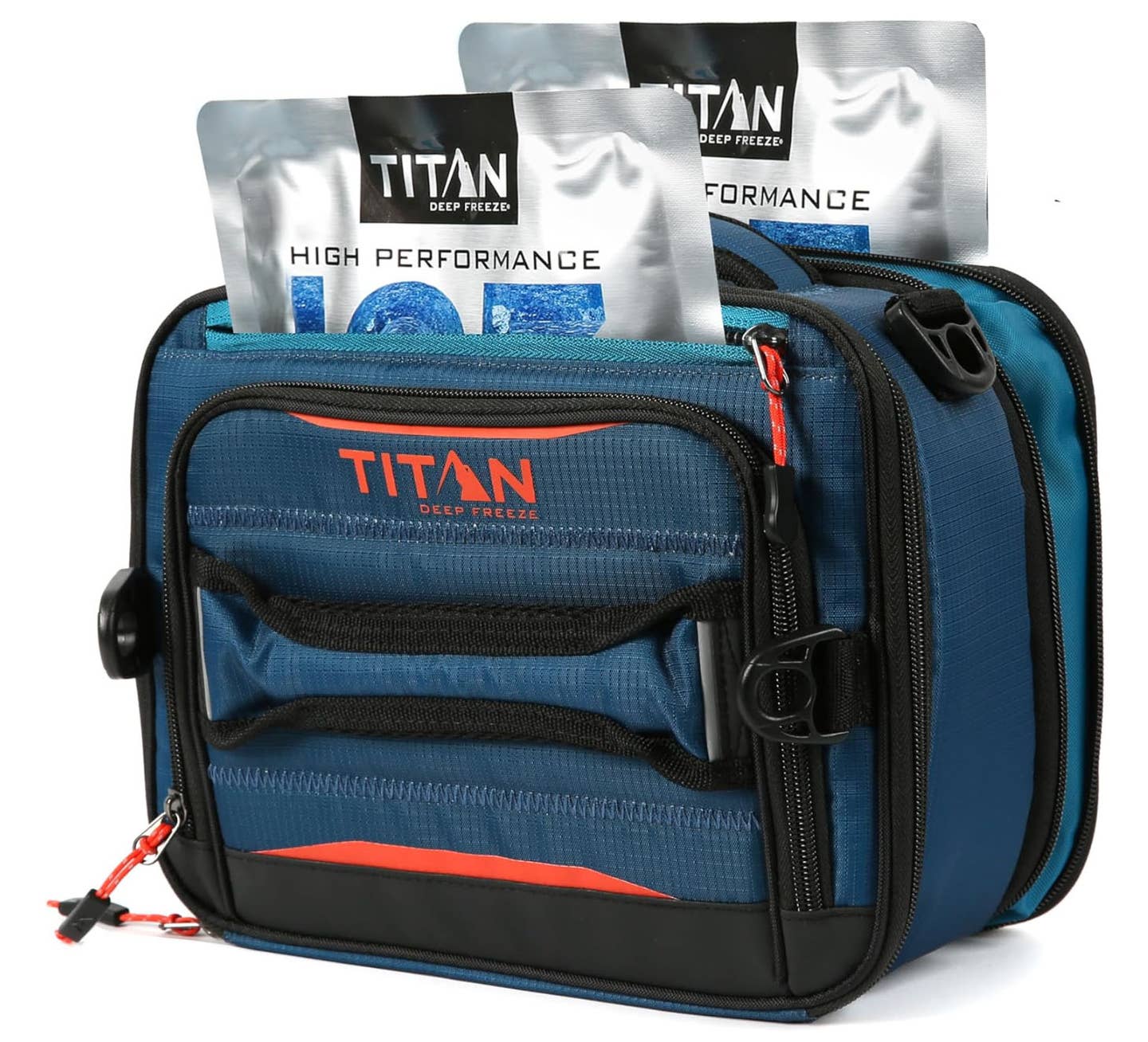 Titan Deep Freeze Cooler Bag with insulated ice walls in blue and orange
