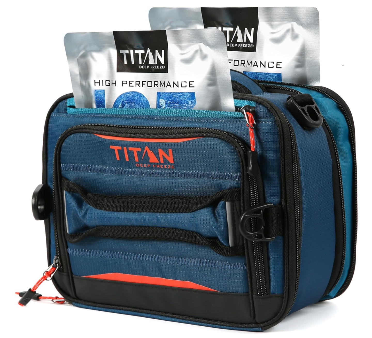 Arctic Zone Titan Deep Freeze Lunch Bag with two ice packs sticking out the top, half inserted into the walls