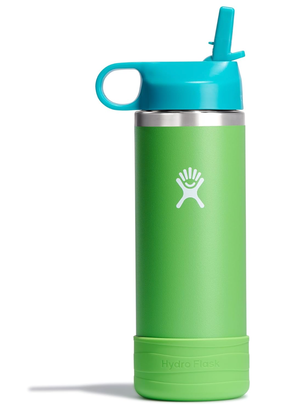 Bright green Hydro Flask water bottle with a blue sipper lid