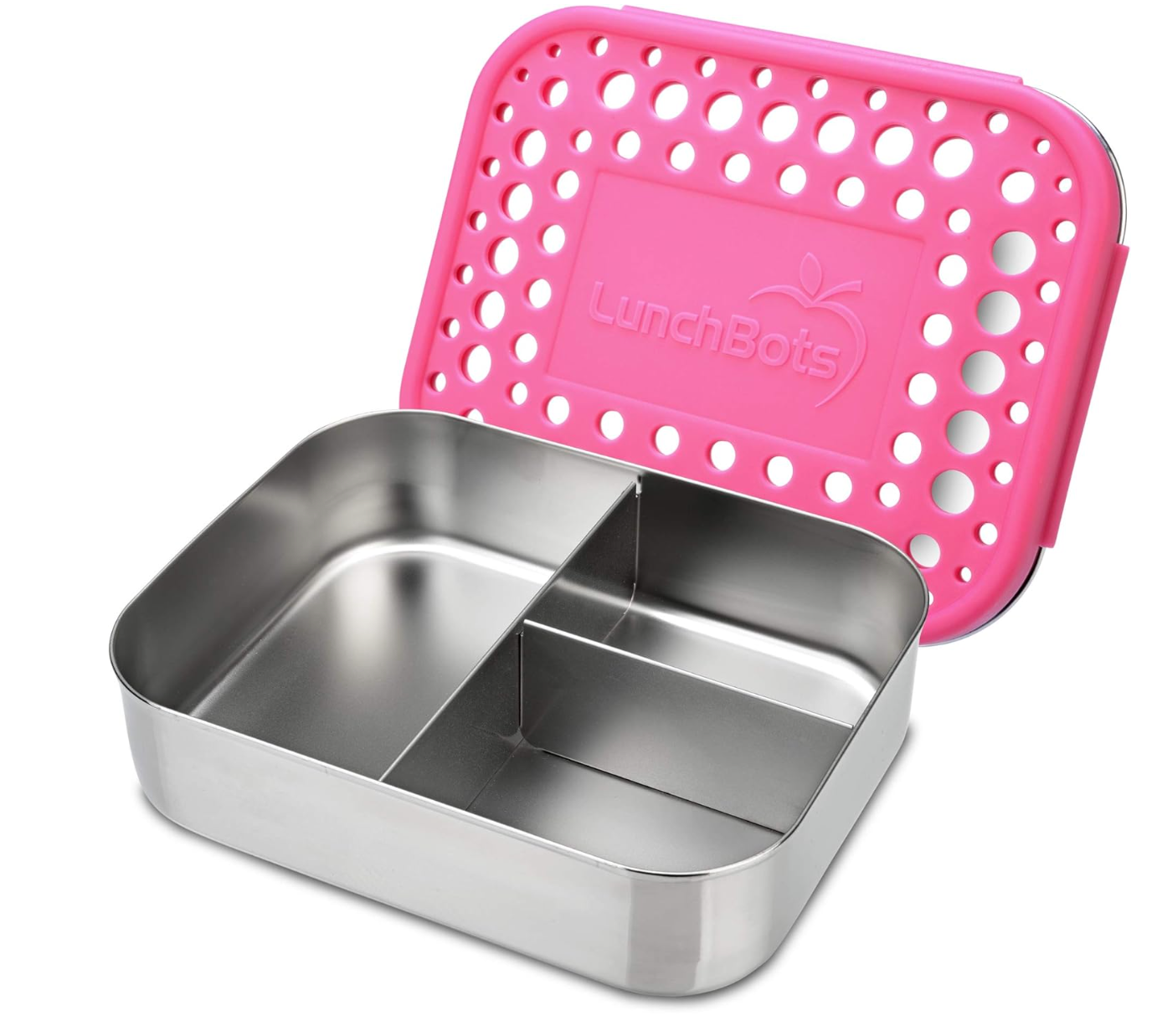 LunchBots Three-Compartment Lunch Box with a pink plastic cover over a stainless steel lid