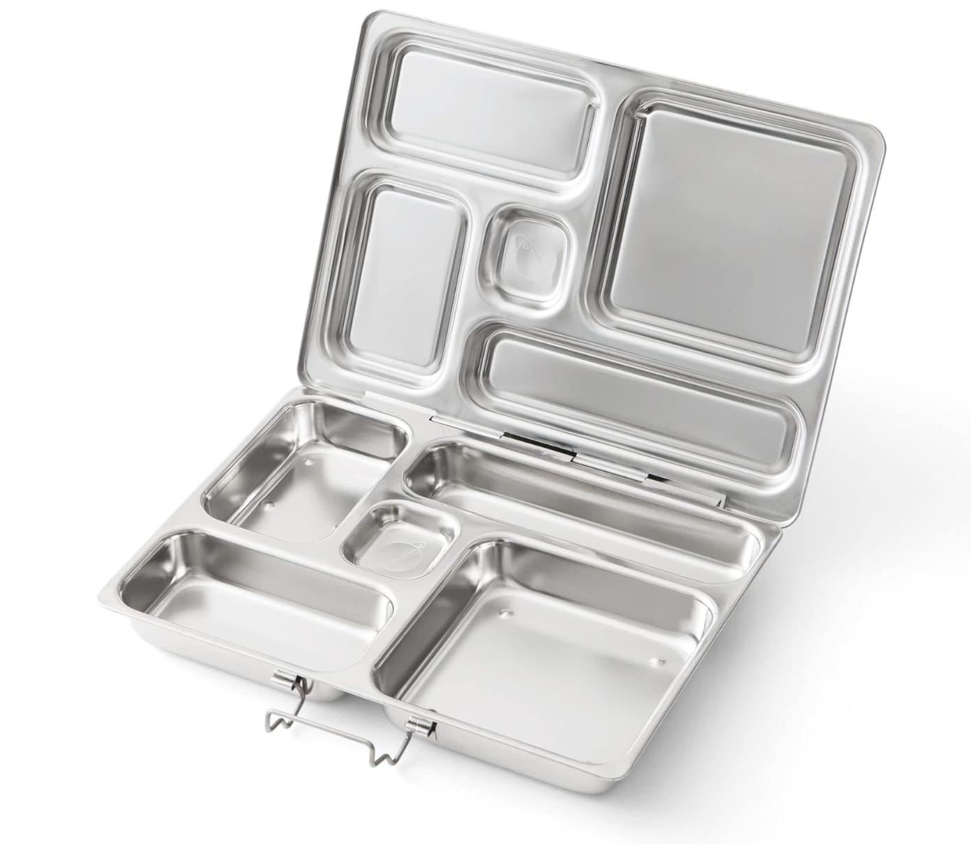 PlanetBox Rover 5 compartment stainless steel Lunch Box on a white background, open