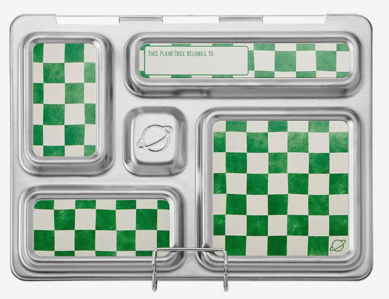 PlanetBox Rover 5 Compartment Lunchbox with a green and white checked pattern on the lid