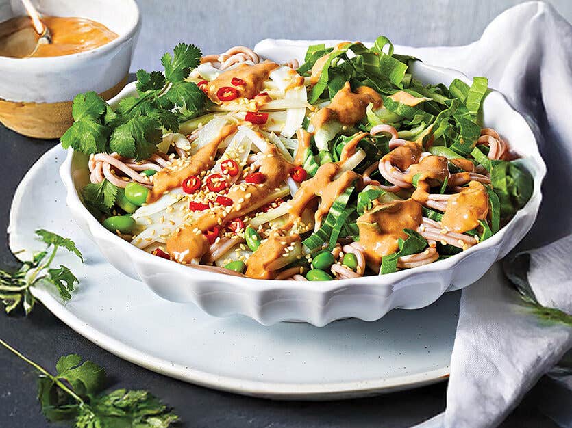 Spicy Soba Bowls with Bok Choy in a white bowl on a white plate