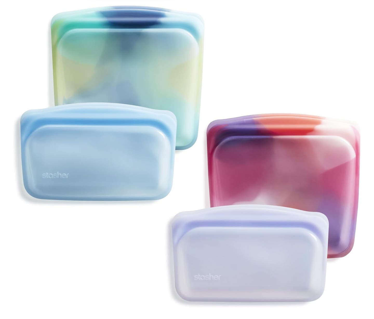 4 Stasher Reusable Silicone Bags in tie-die colors