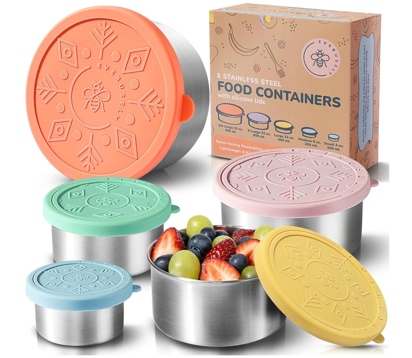 Set of round stainless steel containers with silicone lids of different colors.