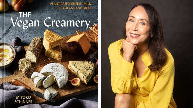 Cover of Miyoko Schinner's cookbook The Vegan Creamery next to a portrait of Schinner in a studio