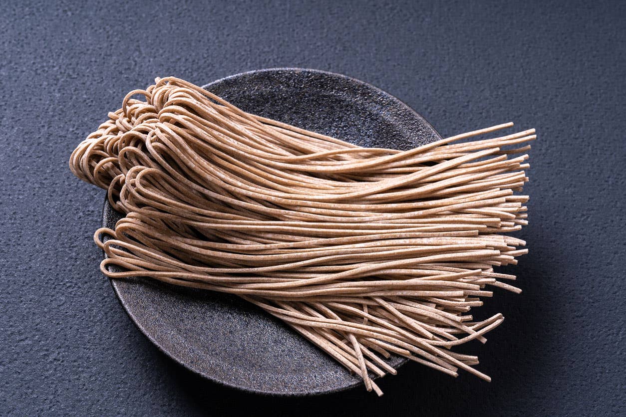 soba noodles on a gray plate