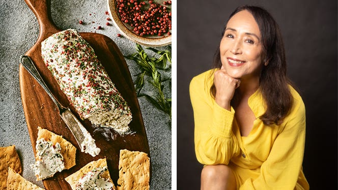 Photo of a homemade vegan cheese log rolled in seeds and herbs next to some crackers, a recipe from Miyoko Schinner's new cookbook The Vegan Creamery, beside a photo of Schinner