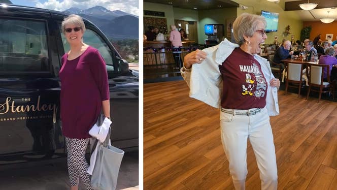 Arlene Krell in two photos, one before and one after she adopted a whole food plant based diet following a cancer recurrence. In the first photo she stands beside a truck and smiles. In the second picture she has lost weight and is dancing