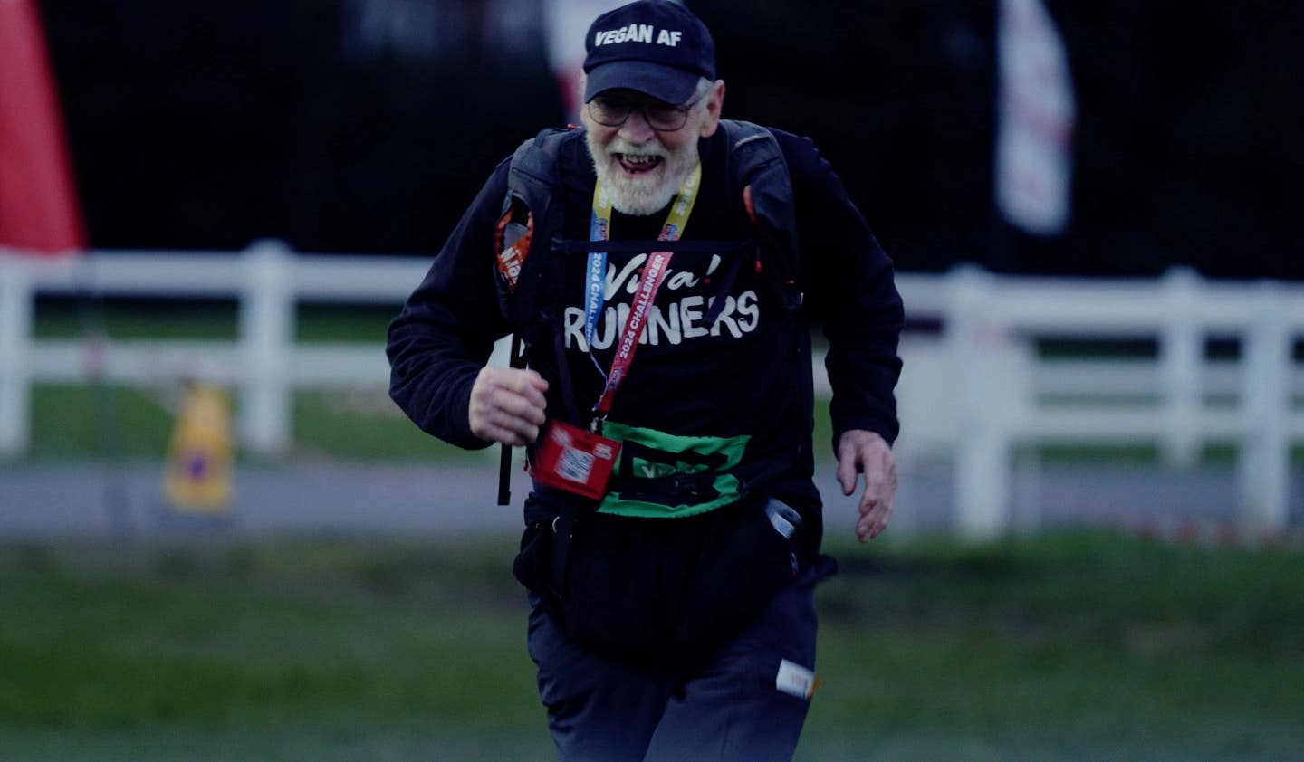 88-year-old vegan ultrarunner Paul Youd running and smiling
