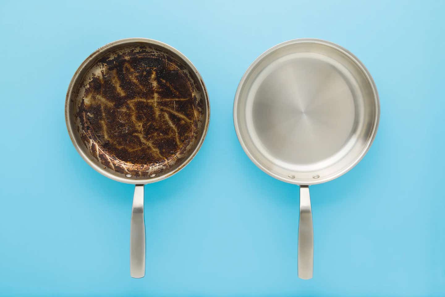 two stainless steel pans - on the left, one is caked in burnt food and grease - on the right is a perfectly clean stainless steel pan without anything sticking to it