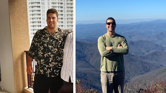 Two photos of Weston McGee - one before he adopted a whole food plant based diet for weight loss and one afterward. On the left, he stands on a balcony in a large short-sleeve button down shirt, smiling. On the right, he stands at the peak of a mountain wearing a long-sleeve t-shirt, smiling