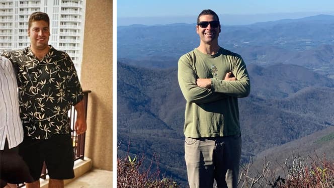 Two photos of Weston McGee - one before he adopted a whole food plant based diet for weight loss and one afterward. On the left, he stands on a balcony in a large short-sleeve button down shirt, smiling. On the right, he stands at the peak of a mountain wearing a long-sleeve t-shirt, smiling