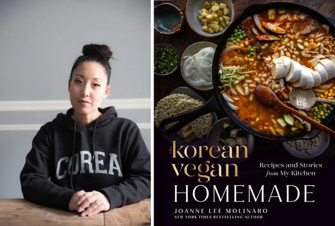 Joanne Lee Molinaro and New Korean Vegan Homemade Book headshot of Joanne Lee Molinaro in a hoodie that says "Corea," next to a photo of her new cookbook, The Korean Vegan Homemade