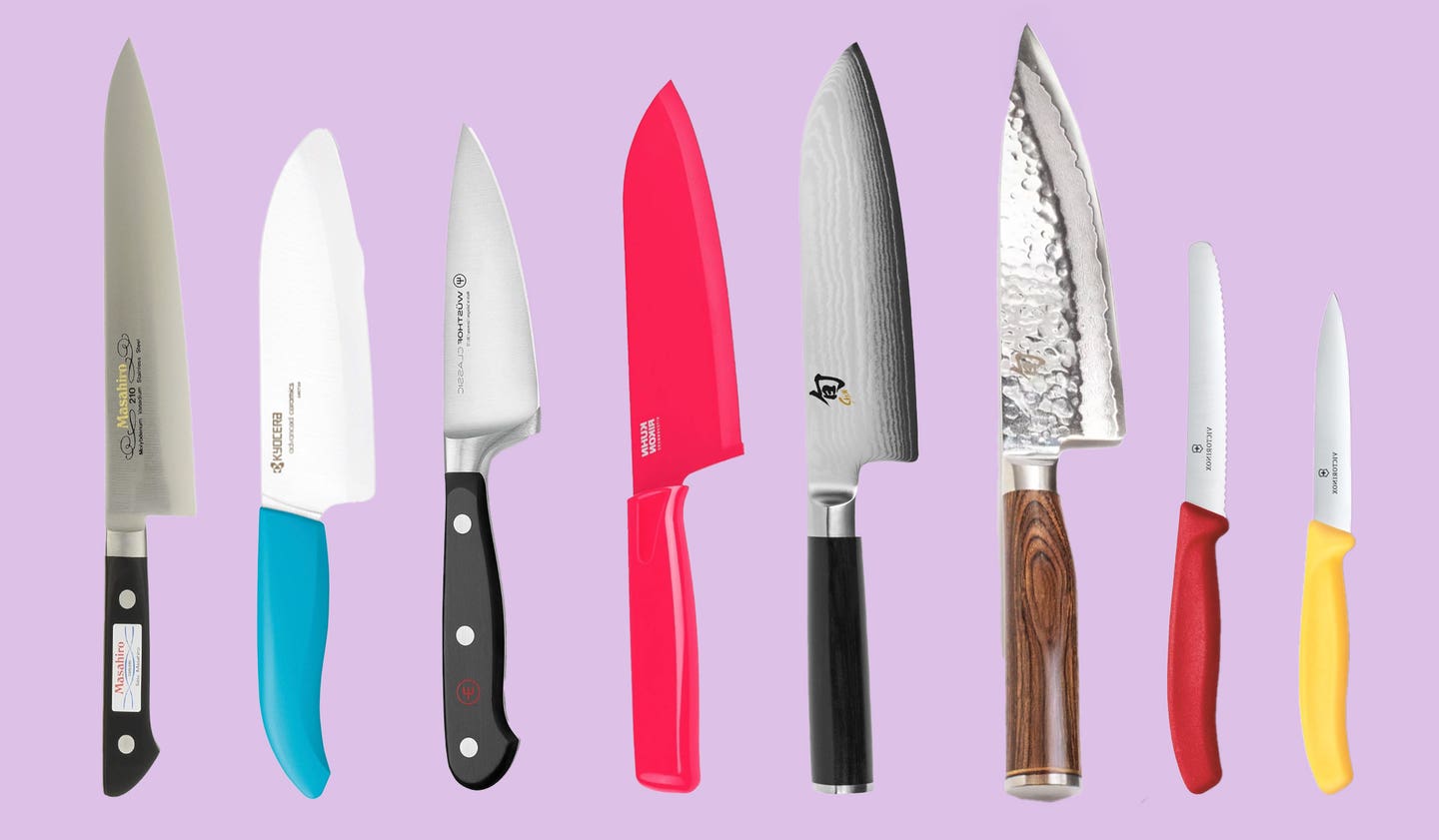 A collection of different knives against a pink background