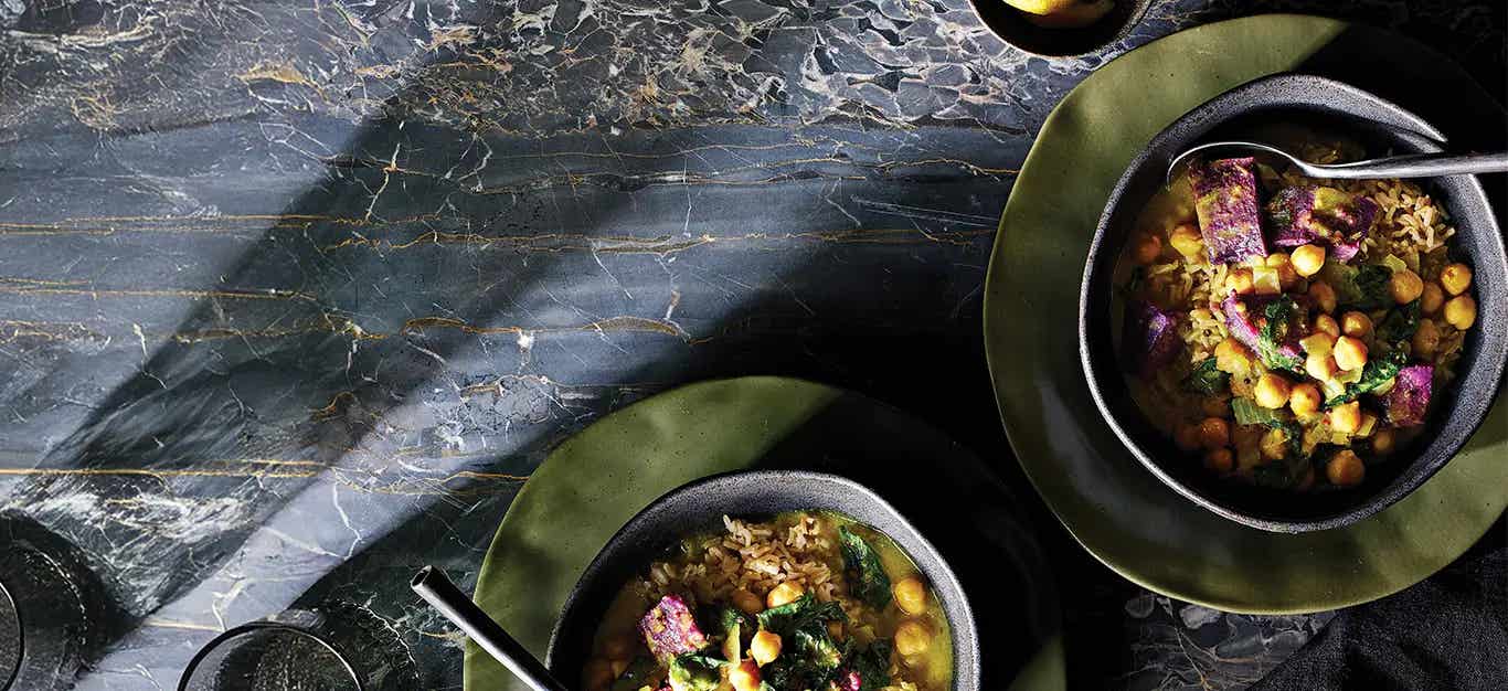 Purple sweet potato recipe with two bowls Purple Sweet Potato and Spinach Stew