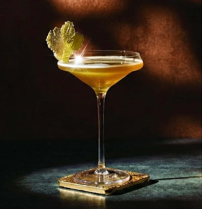 A bright golden mocktail served in a coupe-style glass, garnished with a slice of candied ginger and set against a dark, moody background.