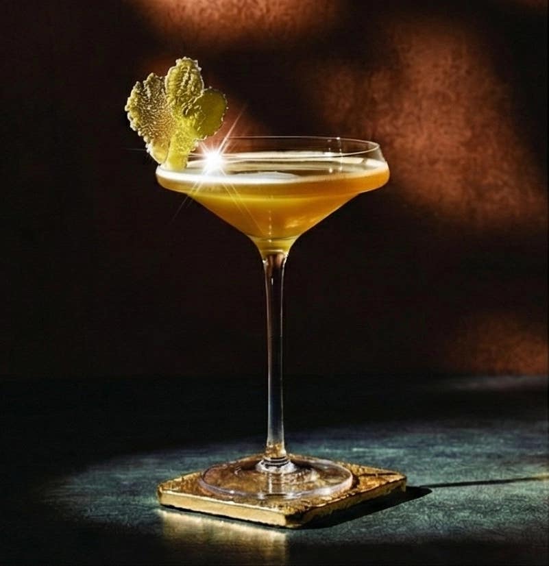 A bright golden mocktail served in a coupe-style glass, garnished with a slice of candied ginger and set against a dark, moody background.