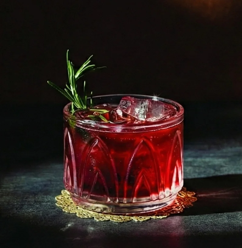 A deep red cherry spritzer served over ice in a patterned lowball glass, garnished with a fresh sprig of rosemary, set against a dark backdrop.