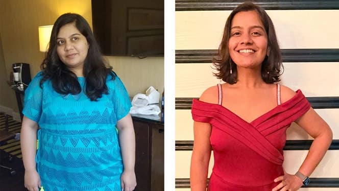 Sawani Soman before and after adoping a WFPB diet and losing 100 pounds and reversing prediabetes and eliminating symptoms of sleep apnea and depression