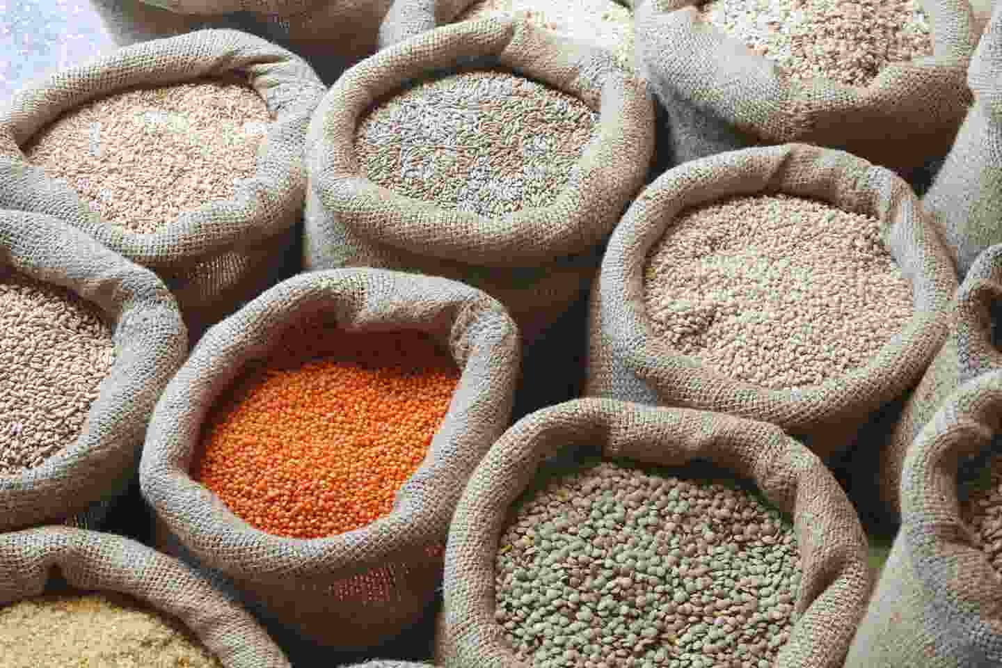 Open-ended sacks of beans and whole grains, including red and brown lentils, rice, and oats
