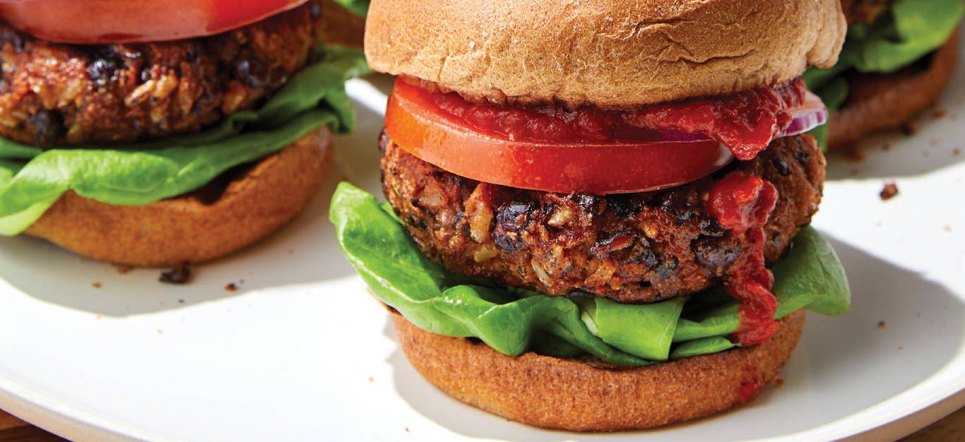 Grilled Black Bean Veggie Burgers on a white serving tray