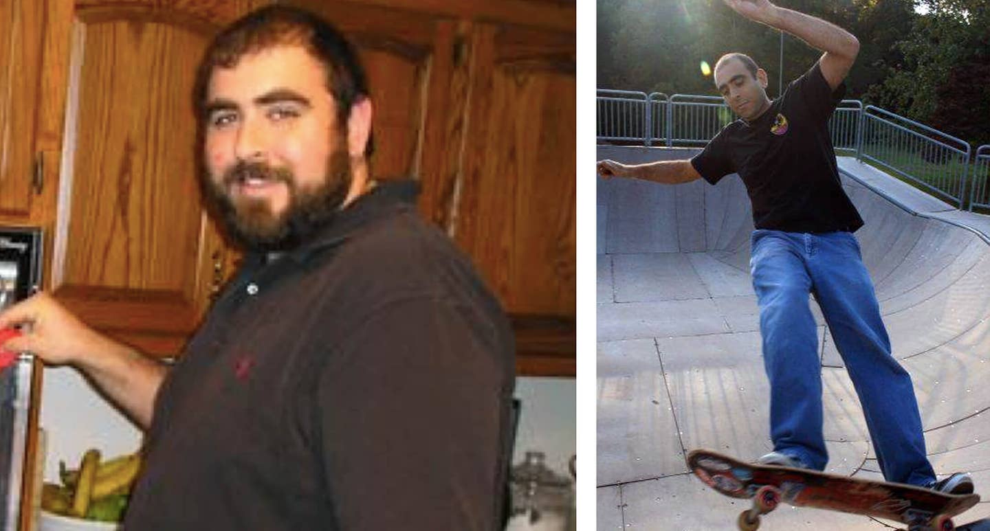 Anthony Masiello in two photos, before and after adopting a plant-based diet and losing 160 pounds