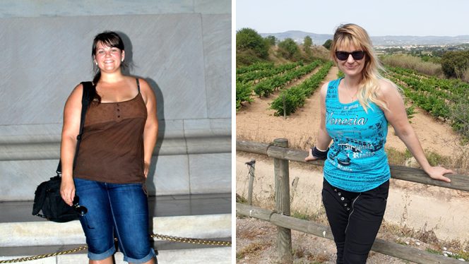 Two photos of Aurelija Pranckunaite, the first at 27 before adopting a wfpb diet, the second at 37 after adopting the diet