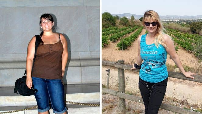 Two photos of Aurelija Pranckunaite, the first at 27 before adopting a wfpb diet, the second at 37 after adopting the diet