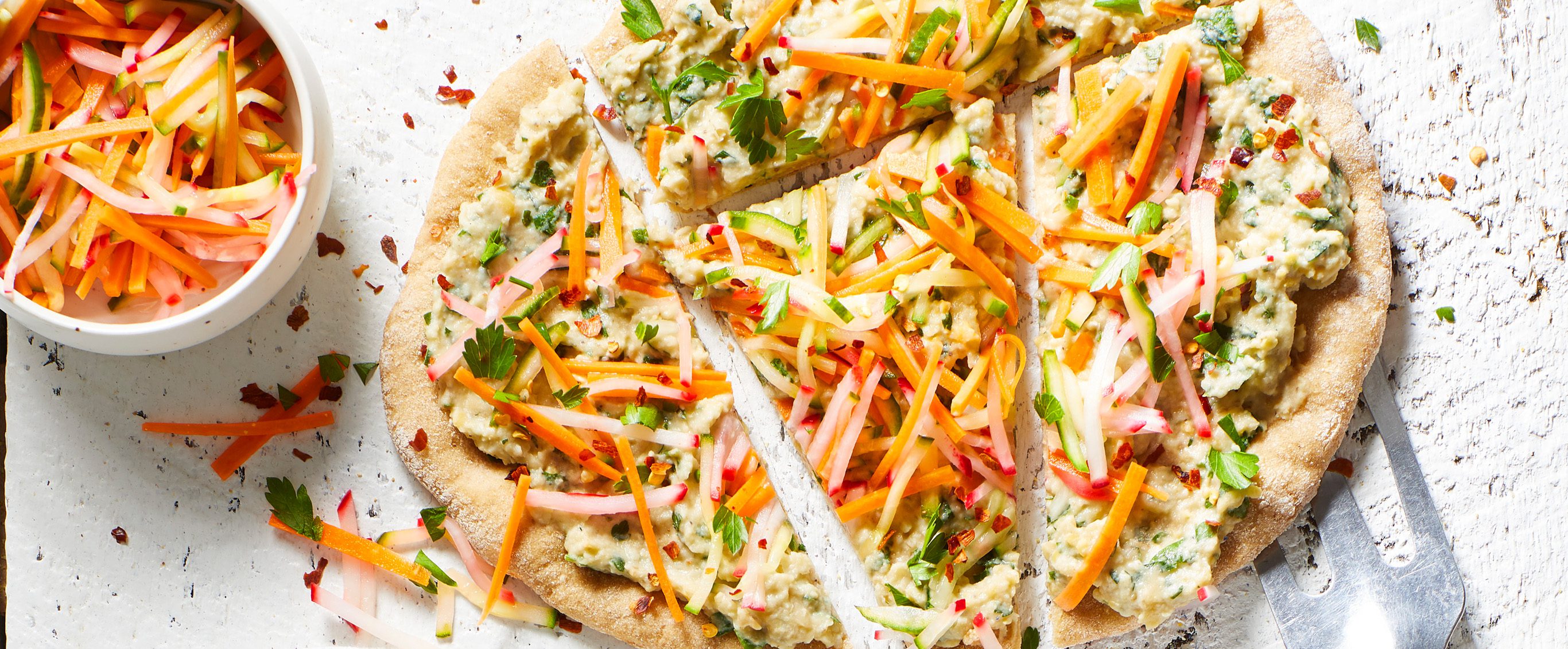 Baba Ghanoush Flatbreads with Quick-Pickle Veggies - Forks Over Knives