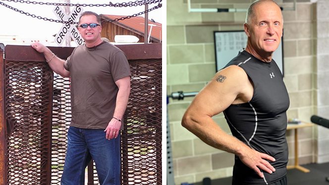 Poul David Rasmussen before and after adopting a plant-based diet - on the left, heavier; on the right, leaner and more toned