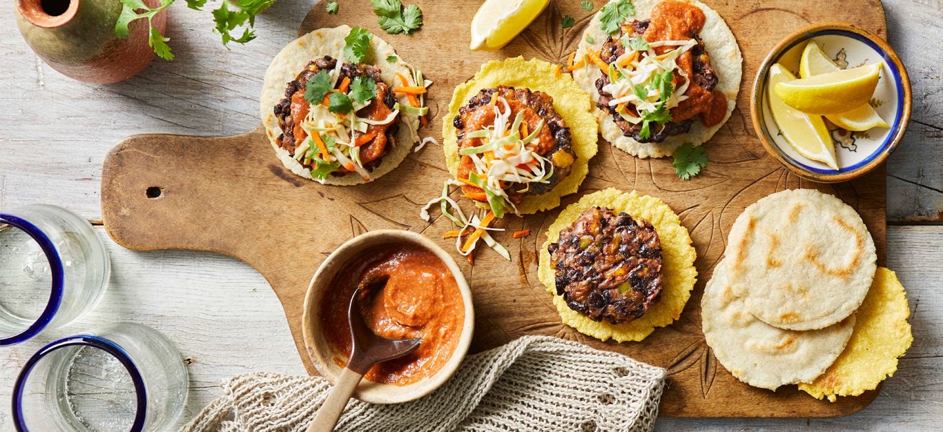 Black Bean and Plantain Burgers with Salvadoran Corn Tortillas - Forks Over Knives