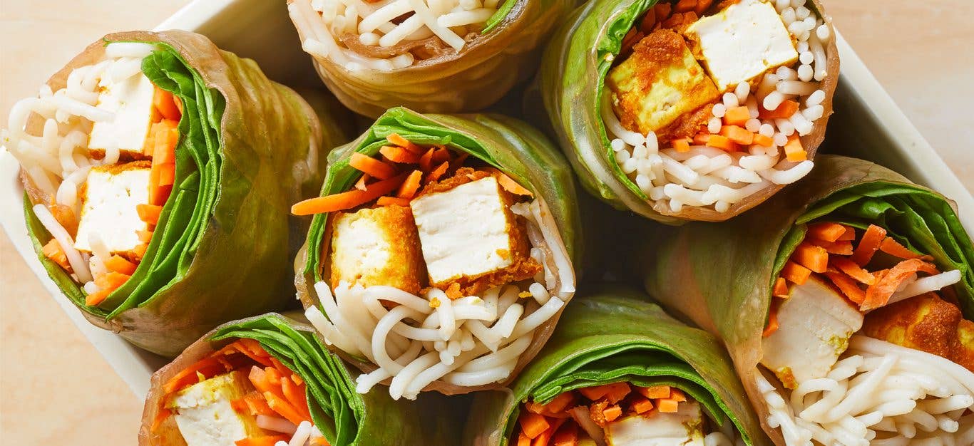 Curried Tofu Summer Rolls in a white tray