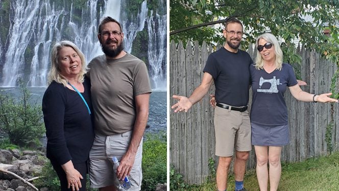 Husband and wife Diana and Eric Hansen shown in two photos, before and after they adopted a whole-food, plant-based diet for weight loss - on the left, they stand in front of a waterfall, on the right, they're in a backyard, having both lost 35 pounds