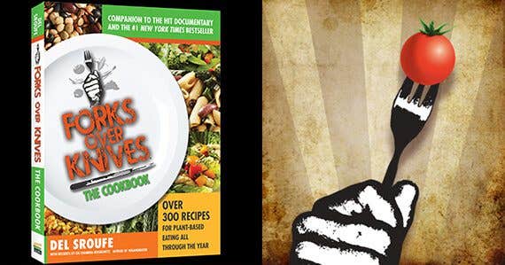 Forks Over Knives cookbook next to the FOK logo of a fist holding a fork