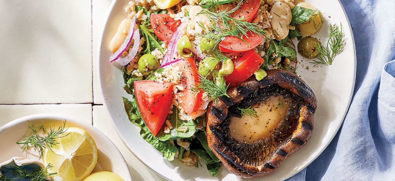 Gyro-Style Mushroom Steaks with Barley Salad Recipe - Forks Over Knives