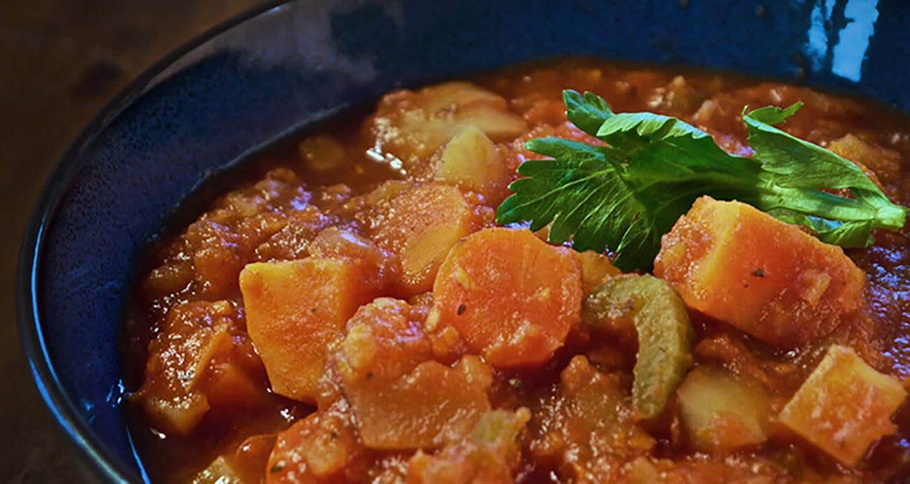 Closeup of a hearty vegan slow cooker stew