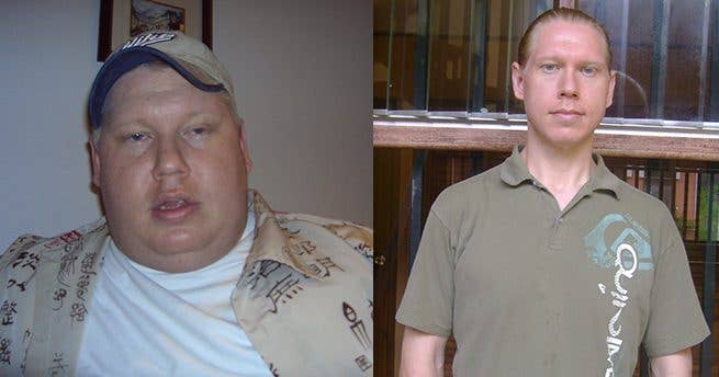 James Dyer shown before and after adopting a whole food plant-based diet and losing weight