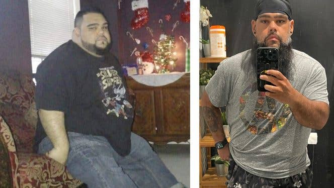 Josh Carrero before and after Two images showing Josh Carrero before and after adopting a whole-food, vegan, plant-based diet and experiencing massive weight loss