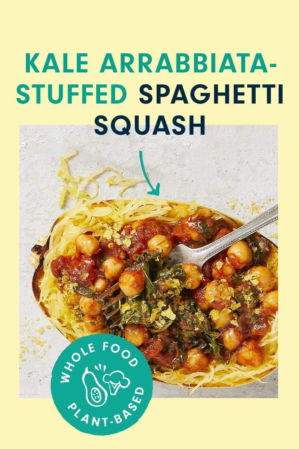Kale Arrabbiata-Stuffed Spaghetti Squash with a metal fork on a white marble counter