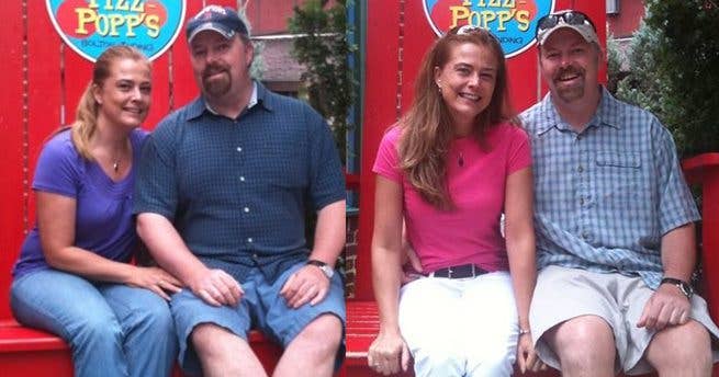 Kelly Binkoski Kelly Pinkoski and her husband are shown in two photos, one before she adopted a plant-based diet to help beat cancer, one after