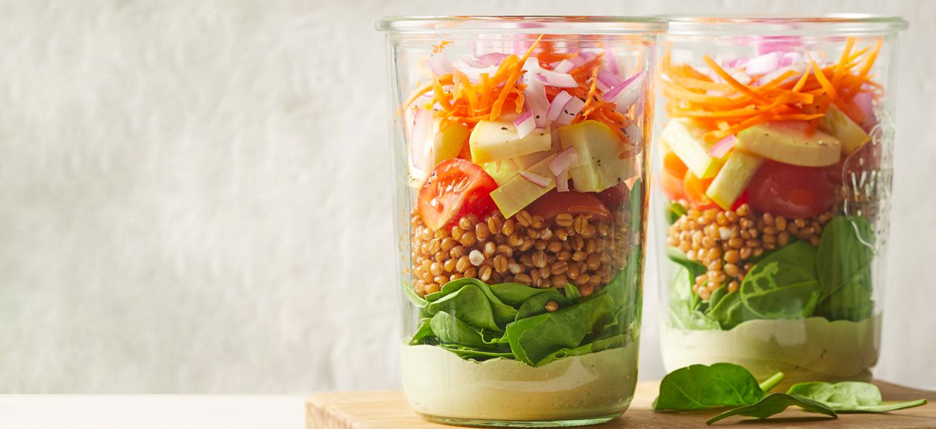 Mason Jar Salad with Creamy Pesto Dressing - Forks Over Knives