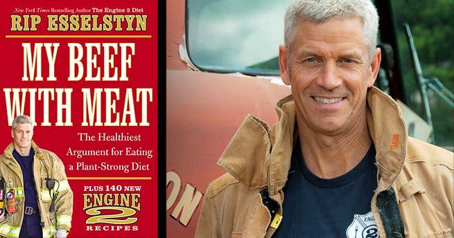 The cover of My Beef With Meat by Rip Esselstyn, beside a headshot of Rip Esselstyn in his fireman uniform