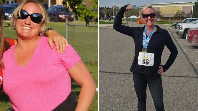 Melissa Matthews Allen - Young Woman Shown Before and After Going Plant-Based, wearing a marathon bib in the "After" photo