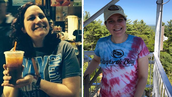 Side-by-side photos that show young woman Melissa Meyer before and after adopting a plant-based diet for migraines and weight loss
