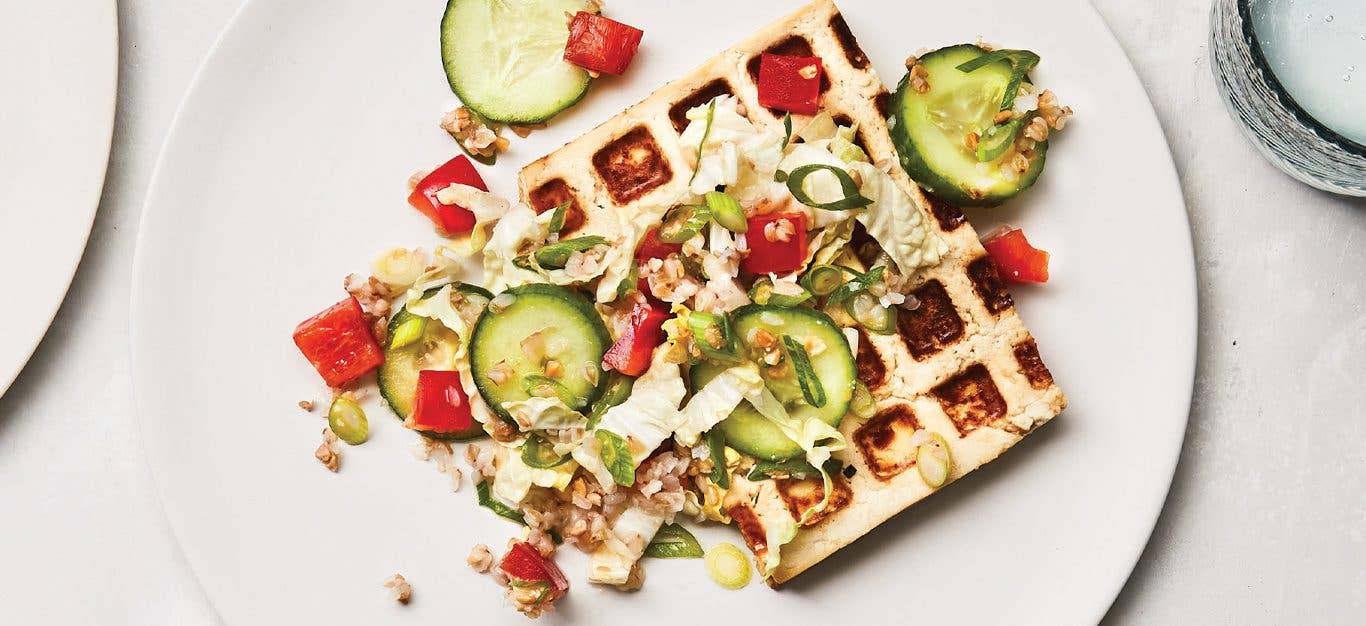 Miso Tofu Waffles with Kasha Salad on a white plate