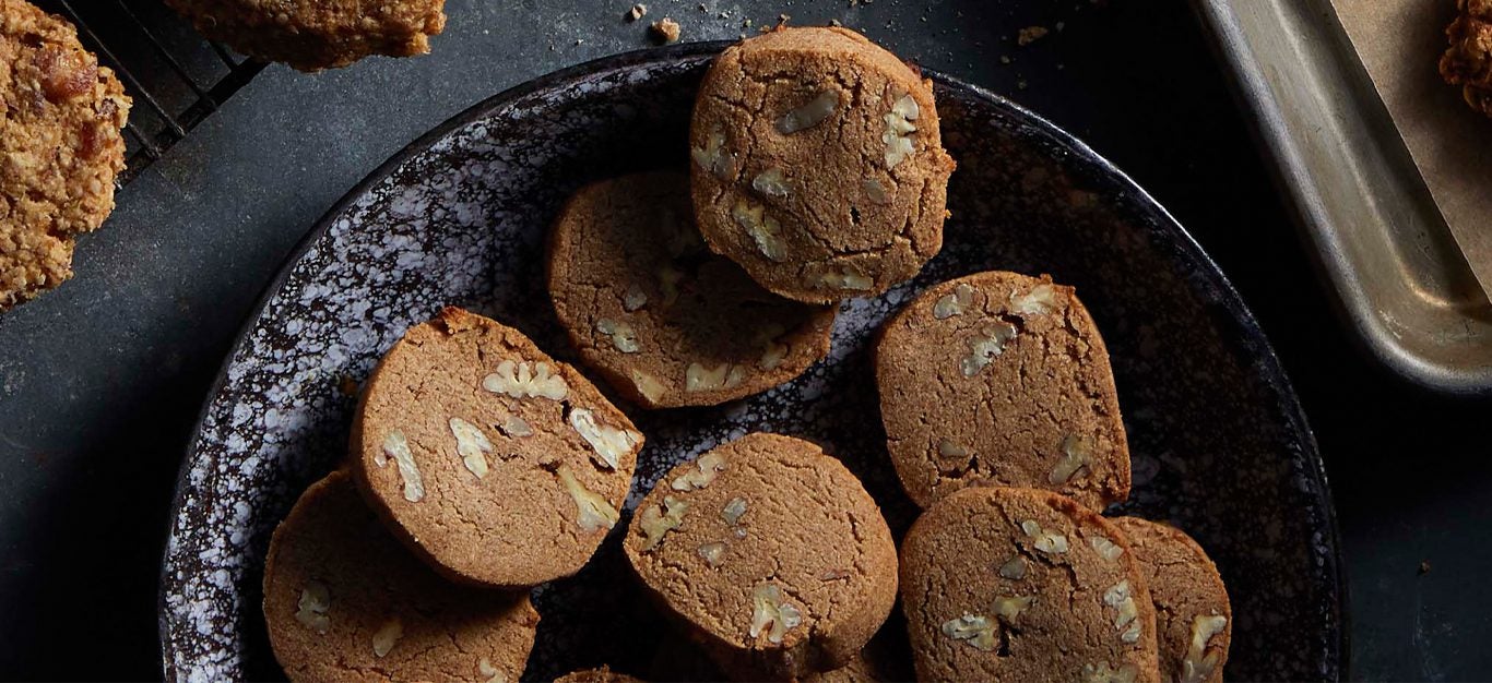 Pecan Shortbread Cookies on a ceramic plate