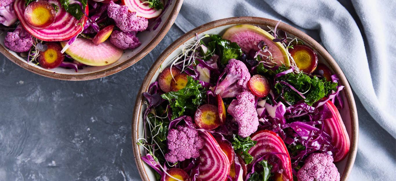 Raw Purple Power Salad in ceramic bowls against a gray background